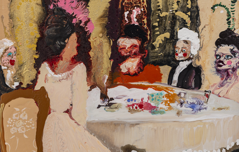 Genieve Figgis, Dinner guests, 2024, acrylique sur toile,
46 x 61 x 2 cm. © Courtesy of the artist and Almine Rech.