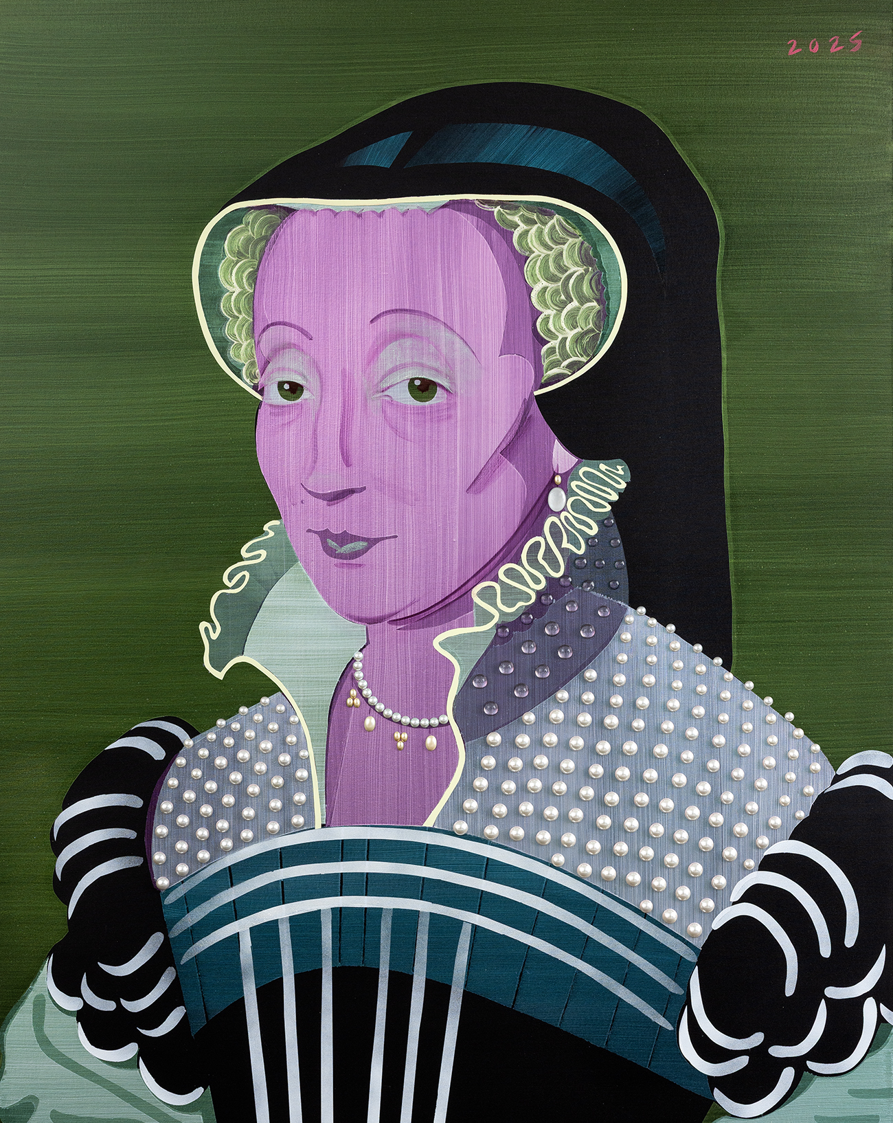 Nina Childress, *Dame after Clouet*, 2025 Acrylique, pigments iridescents et phosphorescents, peinture aérosol, huile, huile interférence sur toile, cabochons plastique et cristal, colle époxy, 210 × 150 cm Courtesy de l'artiste, de la galerie Art : Concept, Paris et Nathalie Karg gallery, New York Copyright : © Adapg, Paris, 2025 / Photo : © Romain Darnaud. Exposition Copistes au Centre Pompidou-Metz